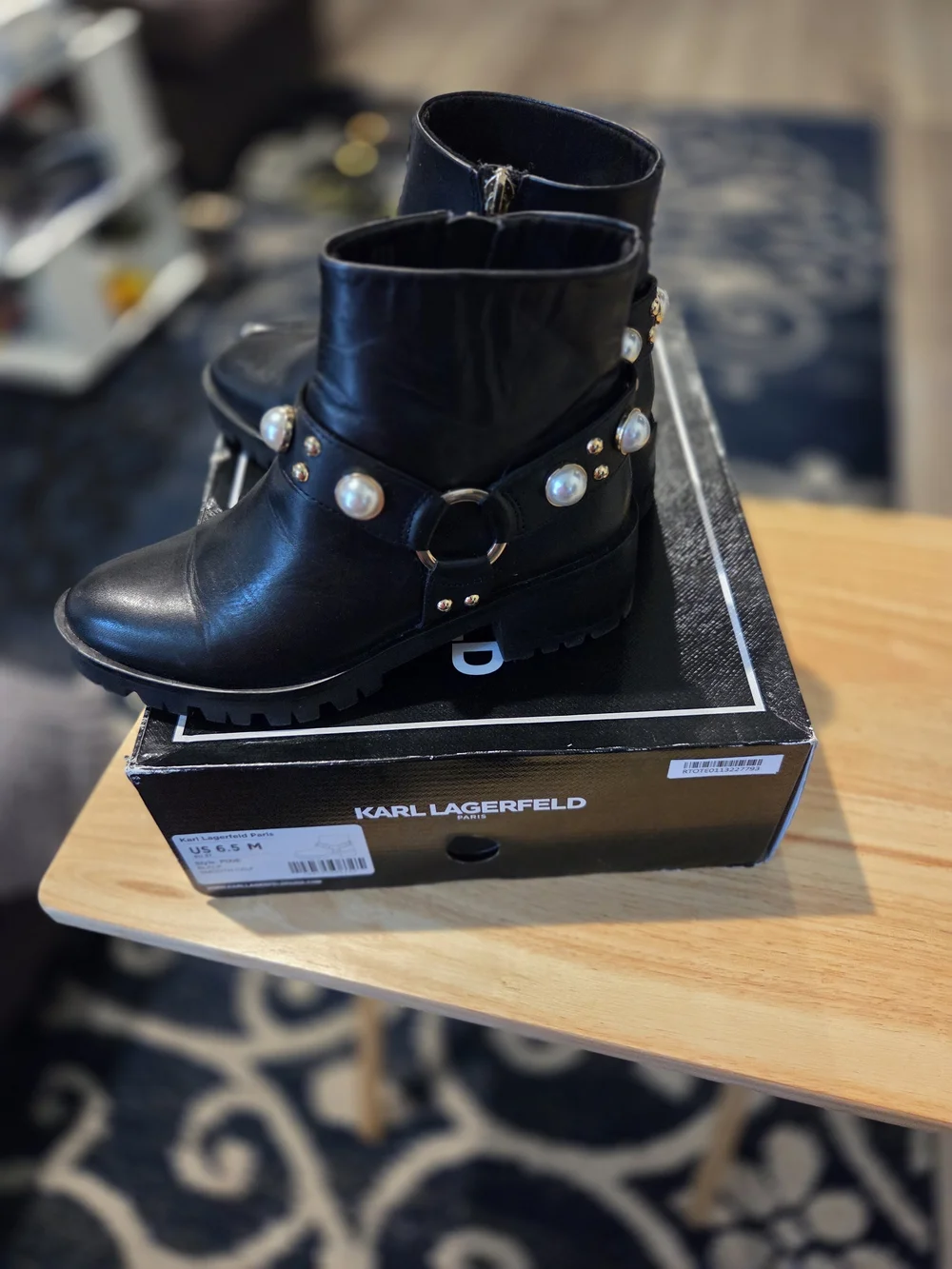 Karl Lagerfeld Black Leather Ankle Boots with Pearl & Stud Trim